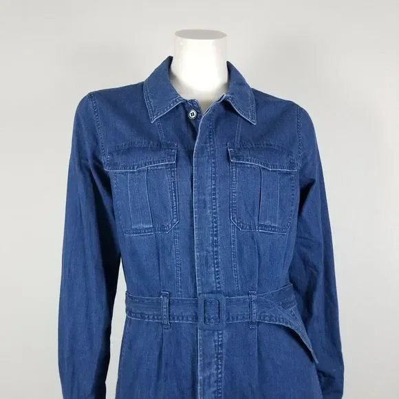 A.P.C. Indigo Chambray Denim Minimalist Cotton Knee Length Belted Shirt Dress M - Picture 3 of 13
